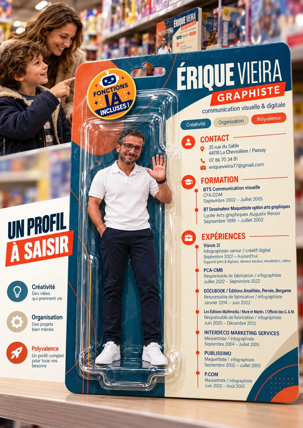 Mon CV imaginé comme un packaging de figurine, dans un rayon de magasin