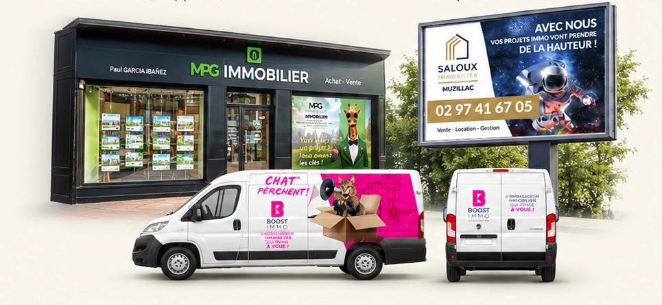 Créations de vitrines MPG Immobilier, affichage Saloux et covering Boost Immo